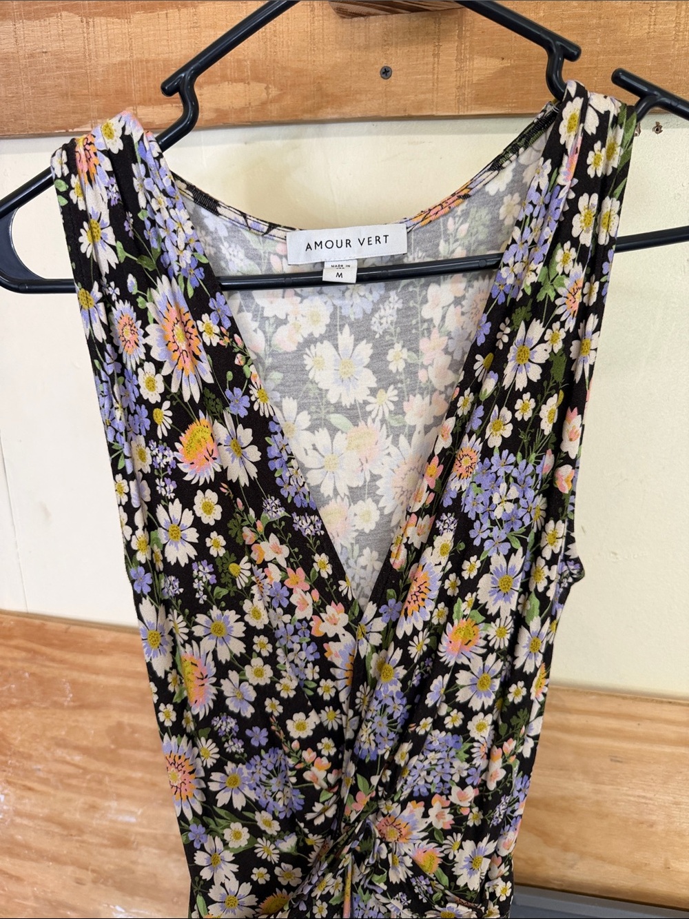 Amour Vert Black Floral Wrap Dress with Lavender and Peach Blooms
